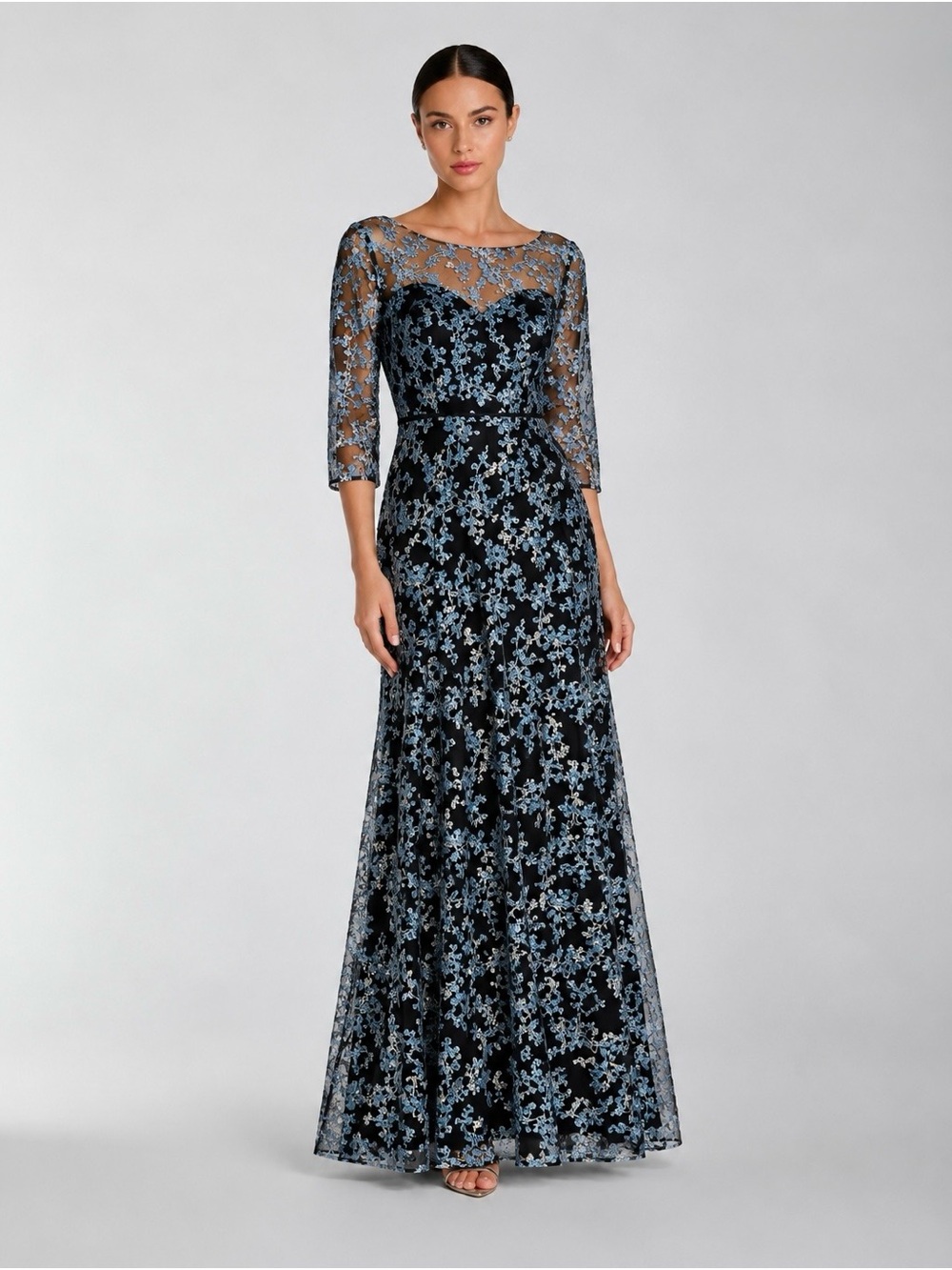 NWT Tahari Arthur S Levine Floral Embroidered Mesh Evening Gown Size 6
